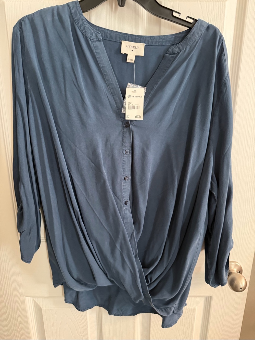 Everly Slate Blue Draped Button-Front Blouse